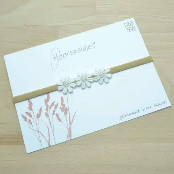 Nylon haarbandje. Kleine daisy. Madelief bloemetjes. Wit met gouden bloemetjes