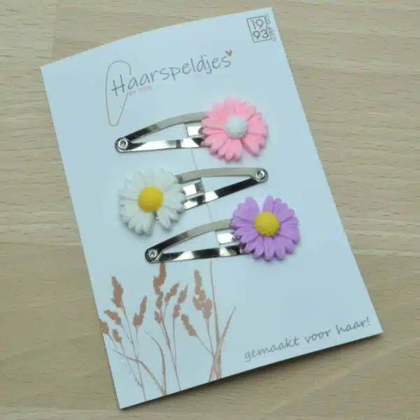 3 vrolijk gekleurde bloemetjes - zilveren klikklak haarspeldjes - haaraccessoires