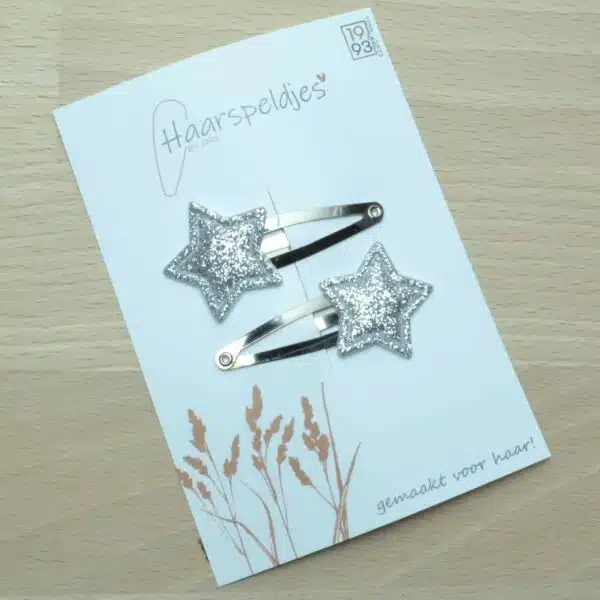 2 zilveren klikklak haarspeldjes – zilveren glitter ster – kerst haaraccessoires